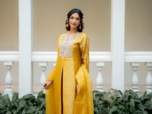 Sunshine Yellow Crash Silk Anarkali Set with Hand Embroidered Yoke & Organza Dupatta