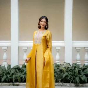Sunshine Yellow Crash Silk Anarkali Set with Hand Embroidered Yoke & Organza Dupatta