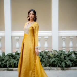 Sunshine Yellow Crash Silk Anarkali Set with Hand Embroidered Yoke & Organza Dupatta