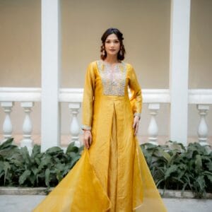 Sunshine Yellow Crash Silk Anarkali Set with Hand Embroidered Yoke & Organza Dupatta
