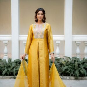 Sunshine Yellow Crash Silk Anarkali Set with Hand Embroidered Yoke & Organza Dupatta