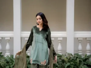 Olive Velvet 3-Piece Suit with Hand Embroidery