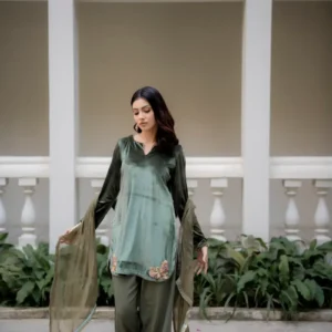Olive Velvet 3-Piece Suit with Hand Embroidery