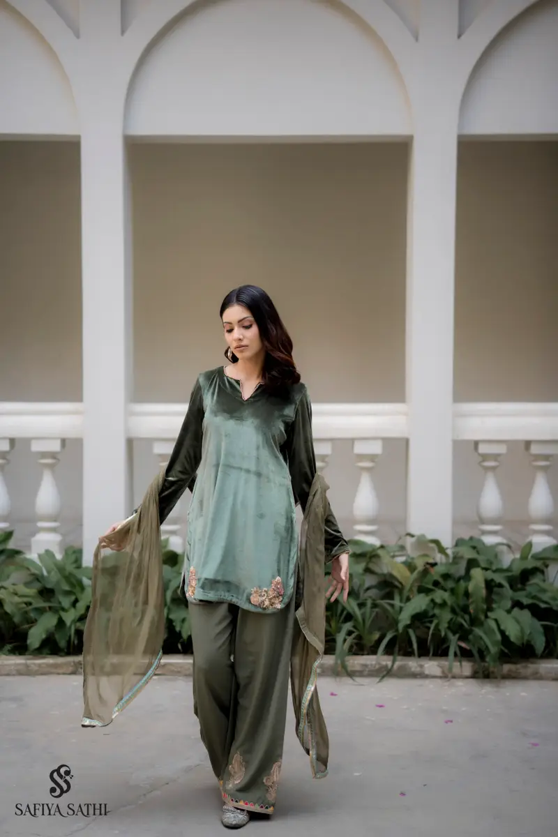 Olive Velvet 3-Piece Suit with Hand Embroidery
