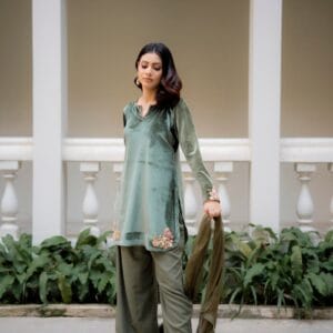 Olive Velvet 3-Piece Suit with Hand Embroidery