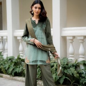 Olive Velvet 3-Piece Suit with Hand Embroidery