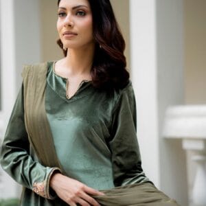 Olive Velvet 3-Piece Suit with Hand Embroidery