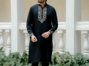 Noir Bloom — Black Embroidered Cotton Kurta with Matching Trousers