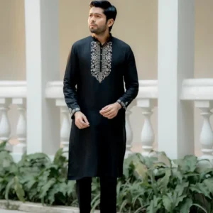 Noir Bloom — Black Embroidered Cotton Kurta with Matching Trousers