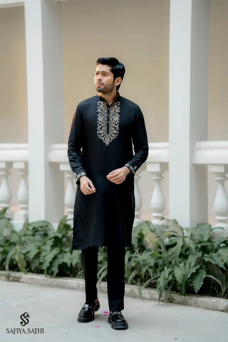Noir Bloom — Black Embroidered Cotton Kurta with Matching Trousers