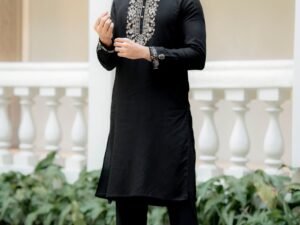 Noir Bloom — Black Embroidered Cotton Kurta with Matching Trousers