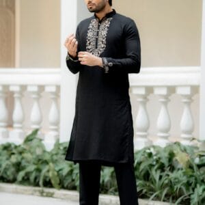 Noir Bloom — Black Embroidered Cotton Kurta with Matching Trousers