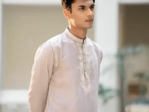 Onion Pink Silk Embroidered Kurta with White Pajama Set