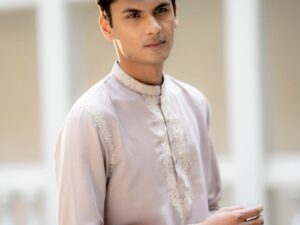 Onion Pink Silk Embroidered Kurta with White Pajama Set