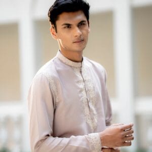 Onion Pink Silk Embroidered Kurta with White Pajama Set