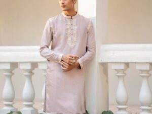 Onion Pink Silk Embroidered Kurta with White Pajama Set