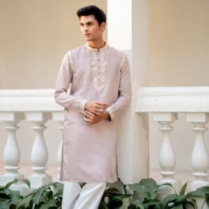 Onion Pink Silk Embroidered Kurta with White Pajama Set