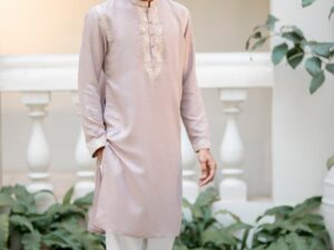 Onion Pink Silk Embroidered Kurta with White Pajama Set