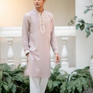 Onion Pink Silk Embroidered Kurta with White Pajama Set