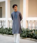 Ashen Bloom Embroidered Kurta | Ash Grey Roman Silk with Steel Blue Floral Embroidery
