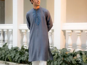 Ashen Bloom Embroidered Kurta | Ash Grey Roman Silk with Steel Blue Floral Embroidery