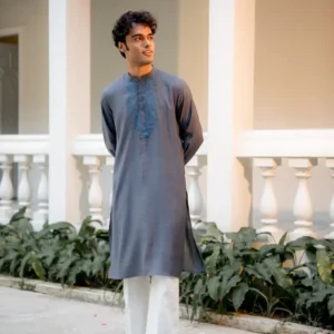 Ashen Bloom Embroidered Kurta | Ash Grey Roman Silk with Steel Blue Floral Embroidery