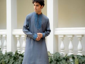 Ashen Bloom Embroidered Kurta | Ash Grey Roman Silk with Steel Blue Floral Embroidery