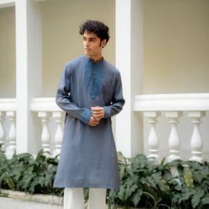 Ashen Bloom Embroidered Kurta | Ash Grey Roman Silk with Steel Blue Floral Embroidery