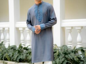 Ashen Bloom Embroidered Kurta | Ash Grey Roman Silk with Steel Blue Floral Embroidery