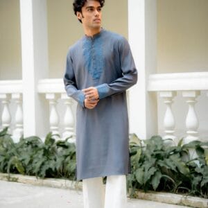 Ashen Bloom Embroidered Kurta | Ash Grey Roman Silk with Steel Blue Floral Embroidery