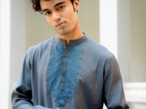 Ashen Bloom Embroidered Kurta | Ash Grey Roman Silk with Steel Blue Floral Embroidery