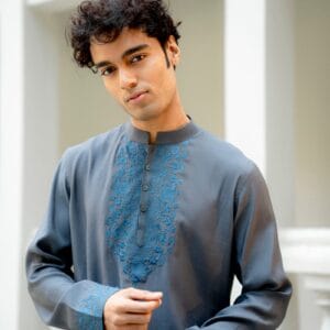 Ashen Bloom Embroidered Kurta | Ash Grey Roman Silk with Steel Blue Floral Embroidery