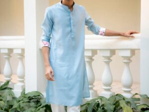 Sky Blue Floral Cuff Kurta Set