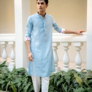 Sky Blue Floral Cuff Kurta Set