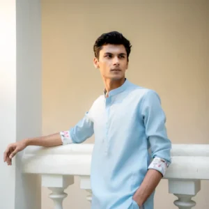 Sky Blue Floral Cuff Kurta Set