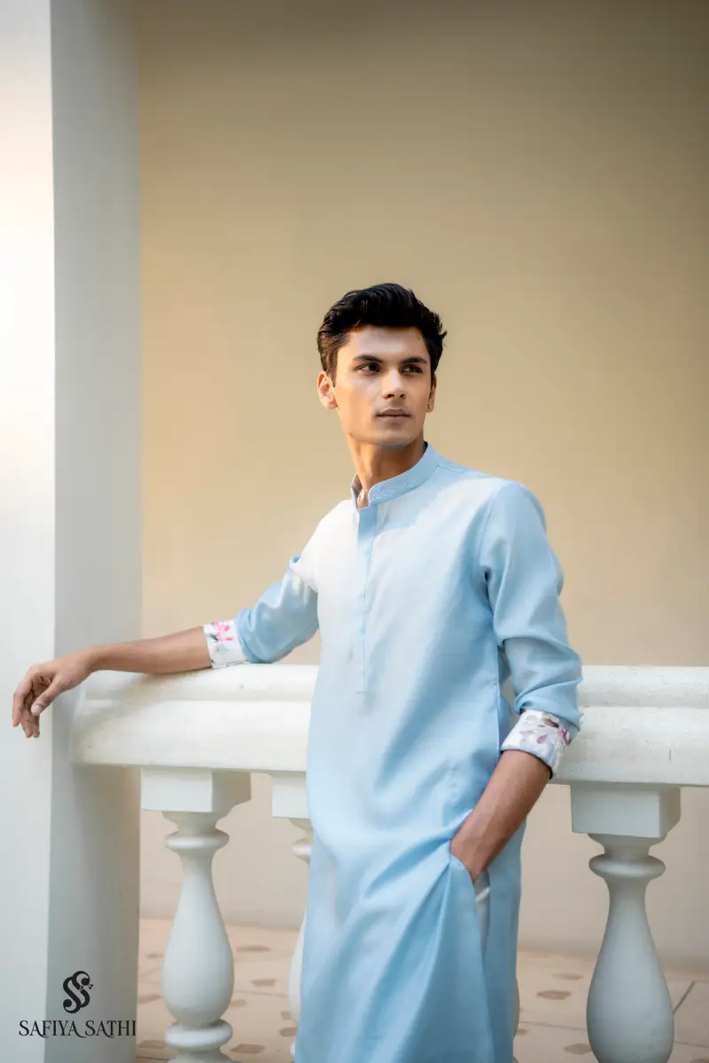 Sky Blue Floral Cuff Kurta Set