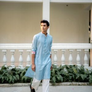 Sky Blue Floral Cuff Kurta Set