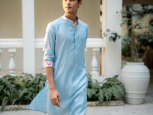 Sky Blue Floral Cuff Kurta Set
