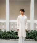 Men's Off-White Chikankari Embroidered Kurta | XXL | Floral Hand-Embroidery | Mandarin Collar | Festive Wear