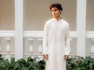 Men's Off-White Chikankari Embroidered Kurta | XXL | Floral Hand-Embroidery | Mandarin Collar | Festive Wear