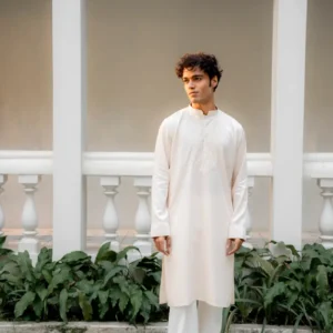 Men's Off-White Chikankari Embroidered Kurta | XXL | Floral Hand-Embroidery | Mandarin Collar | Festive Wear
