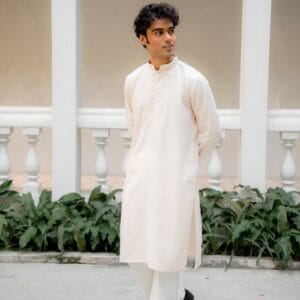 Men's Off-White Chikankari Embroidered Kurta | XXL | Floral Hand-Embroidery | Mandarin Collar | Festive Wear