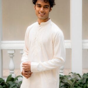 Men's Off-White Chikankari Embroidered Kurta | XXL | Floral Hand-Embroidery | Mandarin Collar | Festive Wear