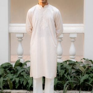 Men's Off-White Chikankari Embroidered Kurta | XXL | Floral Hand-Embroidery | Mandarin Collar | Festive Wear