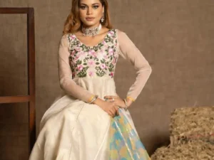 Off-White Cream Muslin Three-Piece with Gorgeous Hand Embroidery & Multicolor Floral Work v1