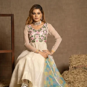 Off-White Cream Muslin Three-Piece with Gorgeous Hand Embroidery & Multicolor Floral Work v1
