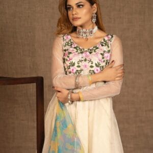Off-White Cream Muslin Three-Piece with Gorgeous Hand Embroidery & Multicolor Floral Work