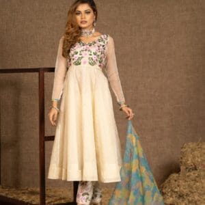 Off-White Cream Muslin Three-Piece with Gorgeous Hand Embroidery & Multicolor Floral Work