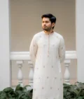Men's Off-White Embroidered Kurta | Gold Zari Motif | Ethnic Festive Wear |