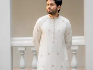 Men's Off-White Embroidered Kurta | Gold Zari Motif | Ethnic Festive Wear |